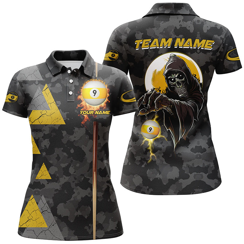 Funny Death Skeleton Ball 9 Fire Custom Camo Women Billiard Shirts, Best 9 Ball Pool Jerseys TDM2071