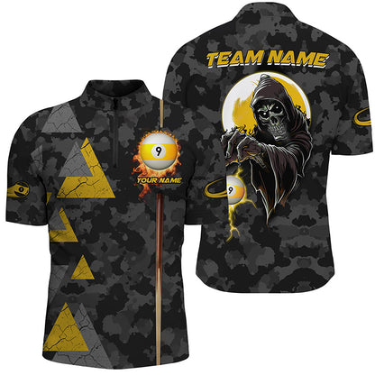 Funny Grim Reaper Ball 9 Fire Custom Camo Men Billiard Shirts, Best 9 Ball Pool Jerseys TDM2071