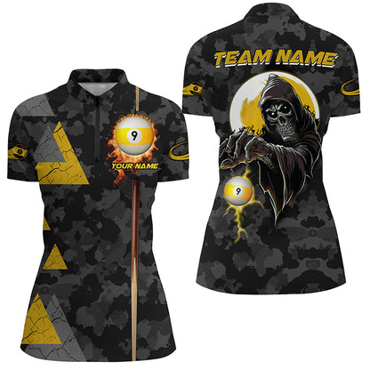 Funny Grim Reaper Ball 9 Fire Custom Camo Women Billiard Shirts, Best 9 Ball Pool Jerseys TDM2071