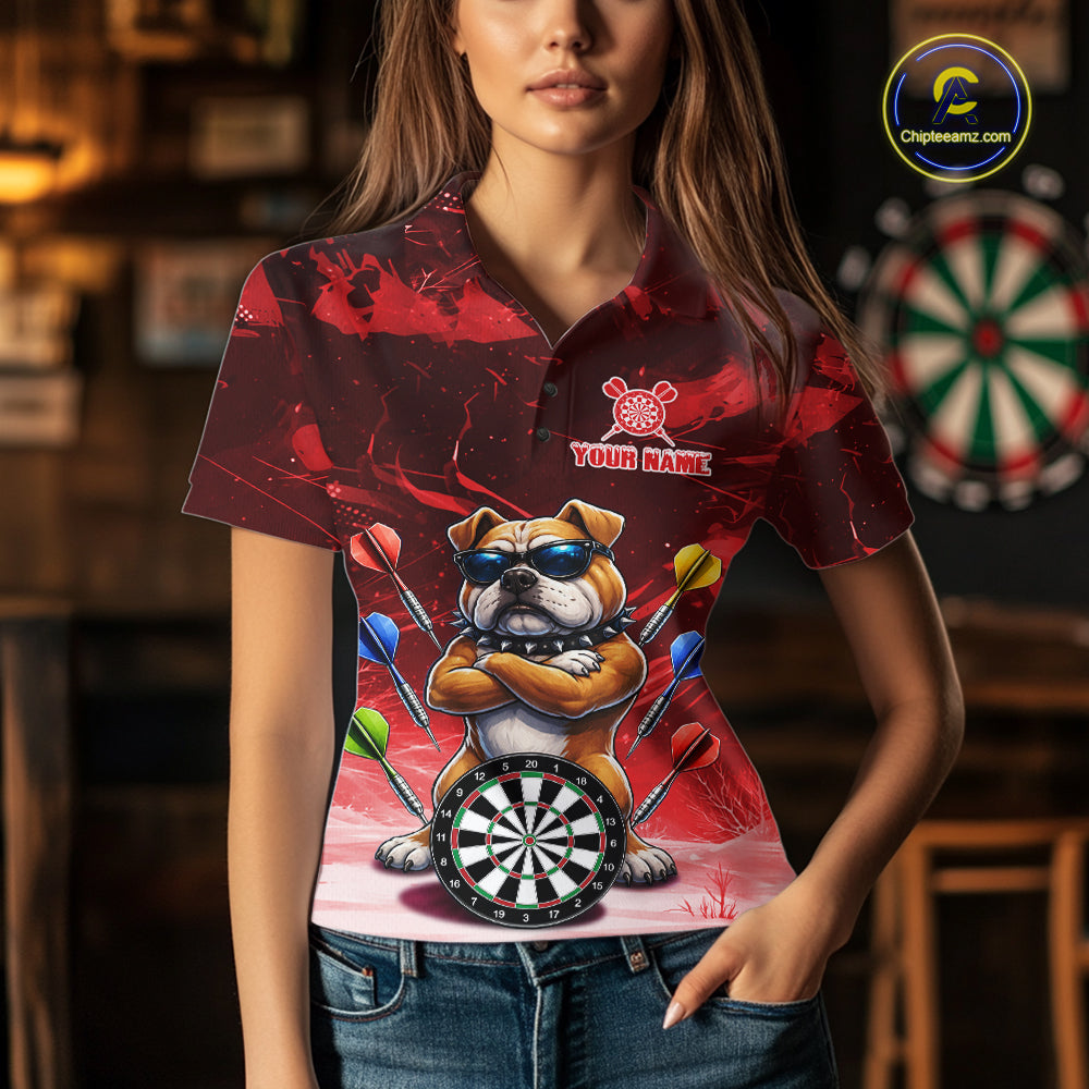 Personalized Red Funny Bulldog Darts Shirt For Women Custom Darts Jersey Team Polo & 1/4 Zip TDM7601
