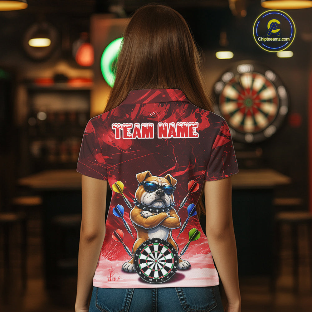 Personalized Red Funny Bulldog Darts Shirt For Women Custom Darts Jersey Team Polo & 1/4 Zip TDM7601