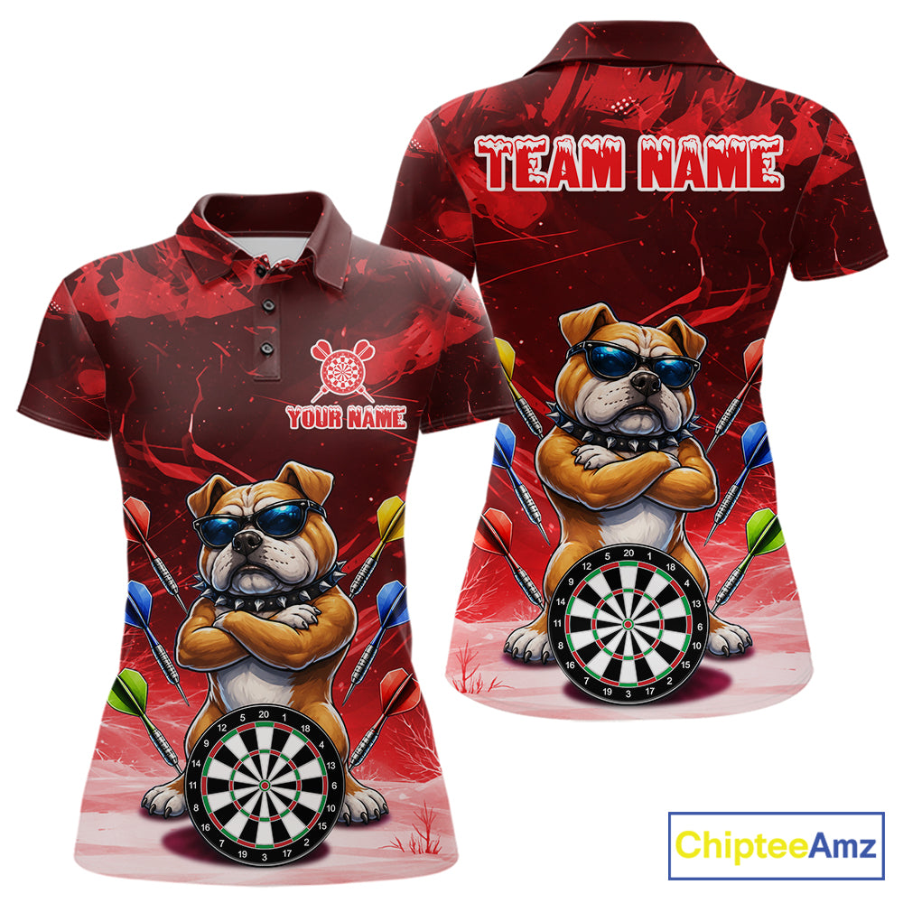 Personalized Red Funny Bulldog Darts Shirt For Women Custom Darts Jersey Team Polo & 1/4 Zip TDM7601
