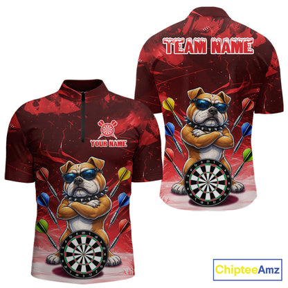 Personalized Red Funny Bulldog Darts Shirt For Men Custom Darts Jersey Team Polo & 1/4 Zip TDM7601