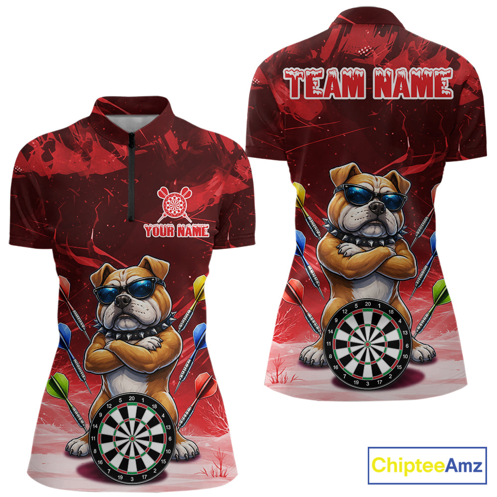 Personalized Red Funny Bulldog Darts Shirt For Women Custom Darts Jersey Team Polo & 1/4 Zip TDM7601