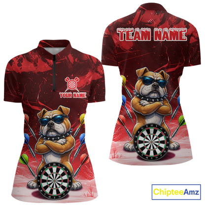Personalized Red Funny Bulldog Darts Shirt For Women Custom Darts Jersey Team Polo & 1/4 Zip TDM7601
