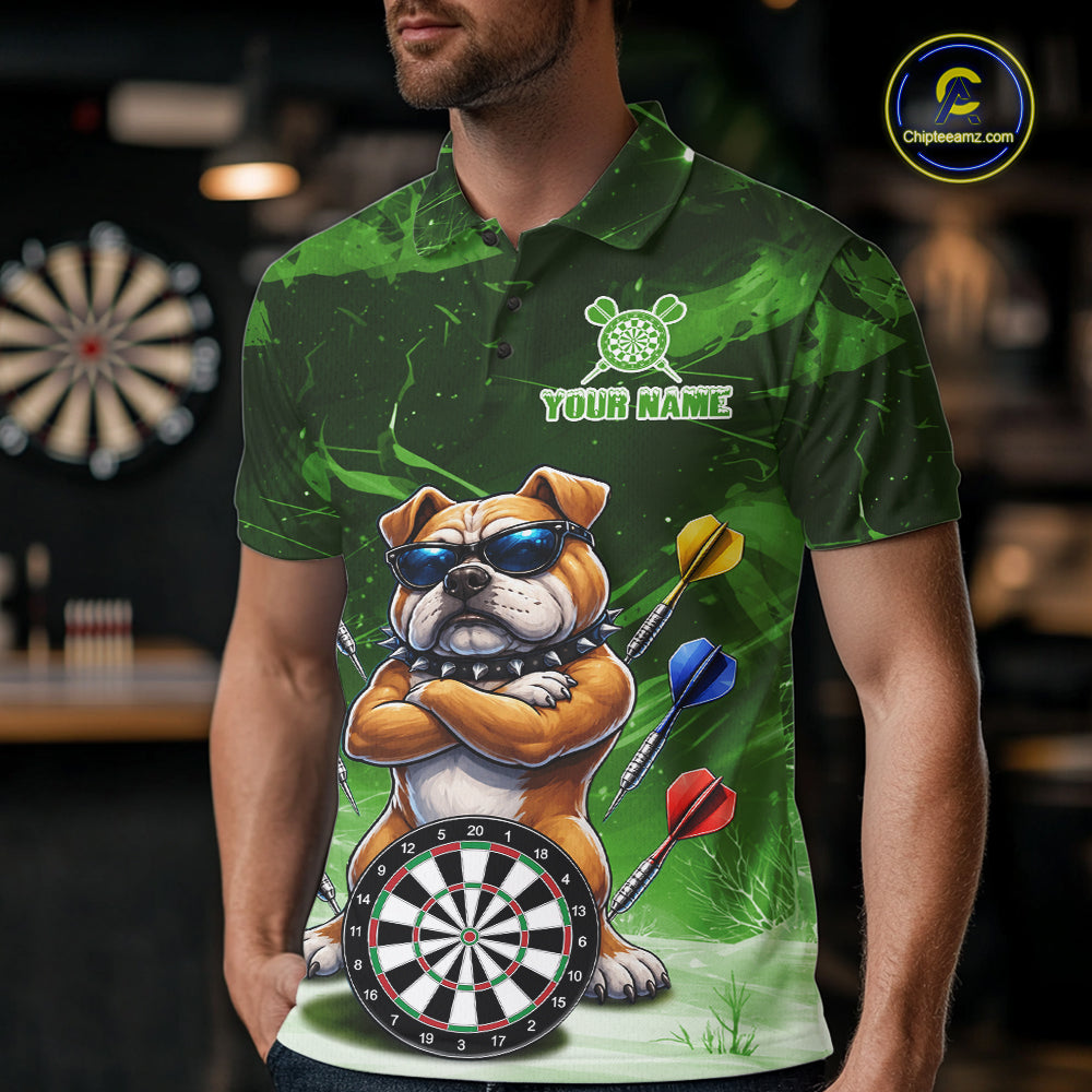 Personalized Green Funny Bulldog Darts Shirt For Men Custom Darts Jersey Team Polo & 1/4 Zip TDM7602