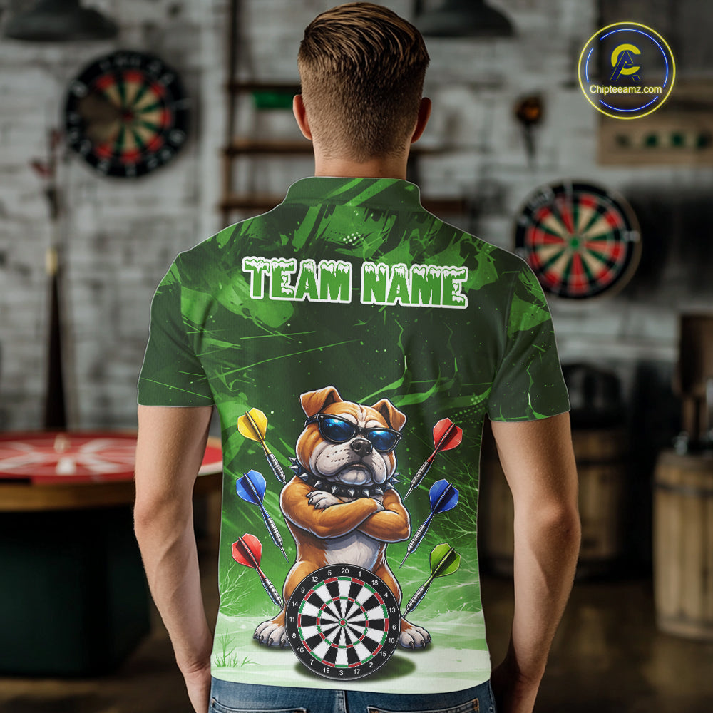 Personalized Green Funny Bulldog Darts Shirt For Men Custom Darts Jersey Team Polo & 1/4 Zip TDM7602