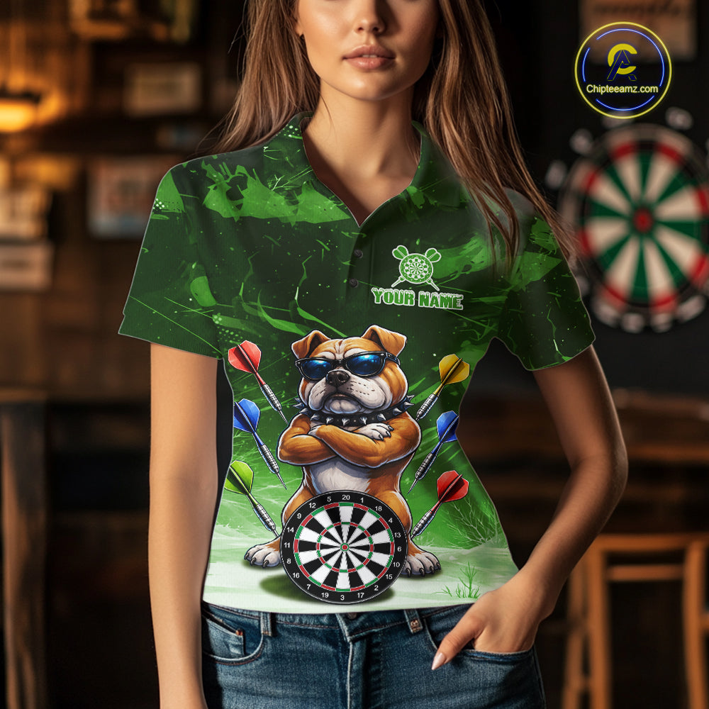 Personalized Green Funny Bulldog Darts Shirt For Women Custom Darts Jersey Team Polo & 1/4 Zip TDM7602