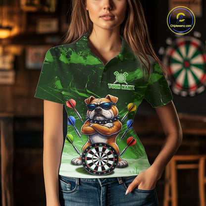 Personalized Green Funny Bulldog Darts Shirt For Women Custom Darts Jersey Team Polo & 1/4 Zip TDM7602