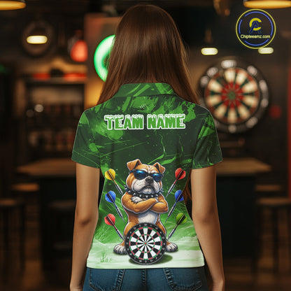 Personalized Green Funny Bulldog Darts Shirt For Women Custom Darts Jersey Team Polo & 1/4 Zip TDM7602