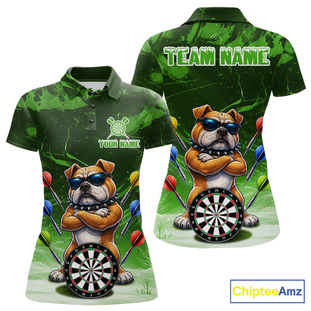 Personalized Green Funny Bulldog Darts Shirt For Women Custom Darts Jersey Team Polo & 1/4 Zip TDM7602