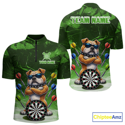 Personalized Green Funny Bulldog Darts Shirt For Men Custom Darts Jersey Team Polo & 1/4 Zip TDM7602