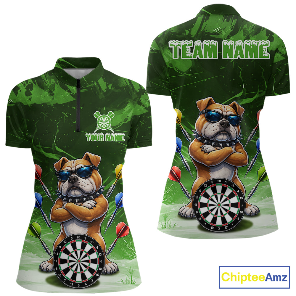 Personalized Green Funny Bulldog Darts Shirt For Women Custom Darts Jersey Team Polo & 1/4 Zip TDM7602