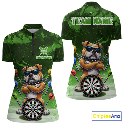 Personalized Green Funny Bulldog Darts Shirt For Women Custom Darts Jersey Team Polo & 1/4 Zip TDM7602