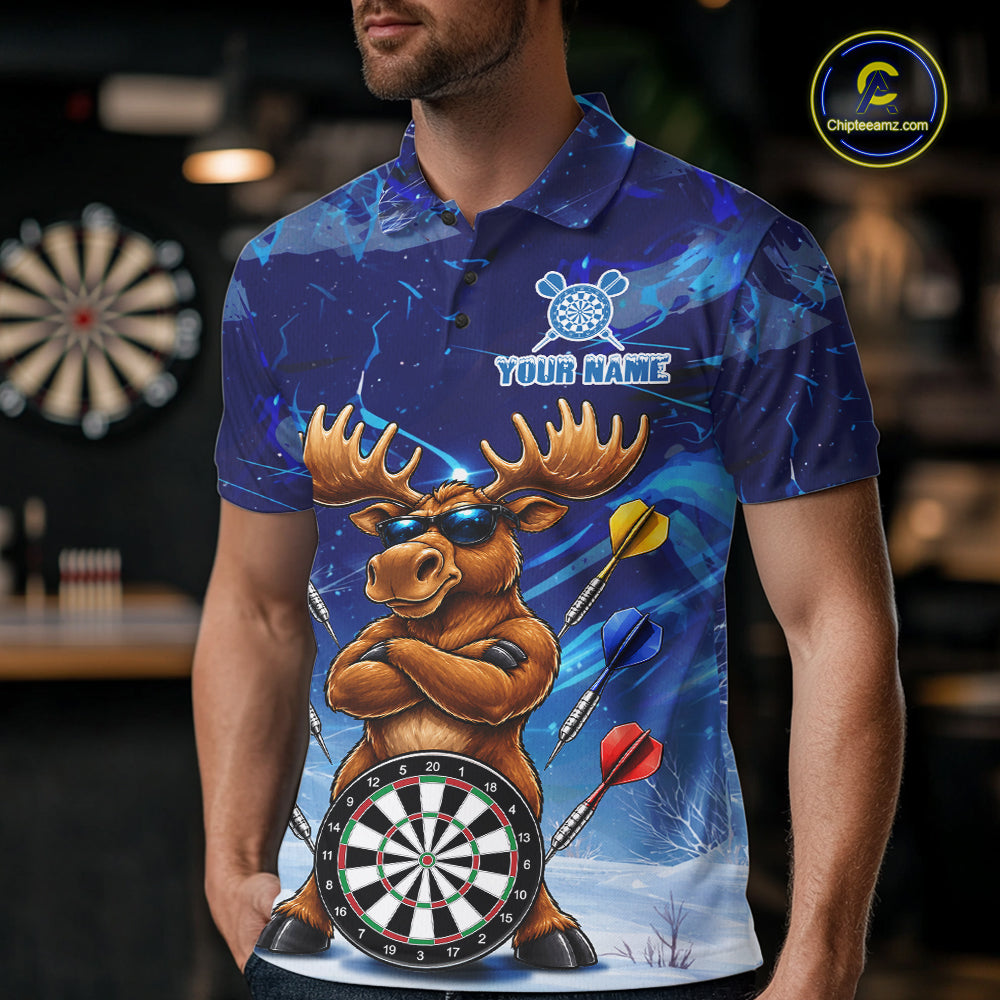 Personalized Blue Funny Moose Darts Shirt For Men Custom Darts Jersey Team Polo & Quarter Zip TDM7603