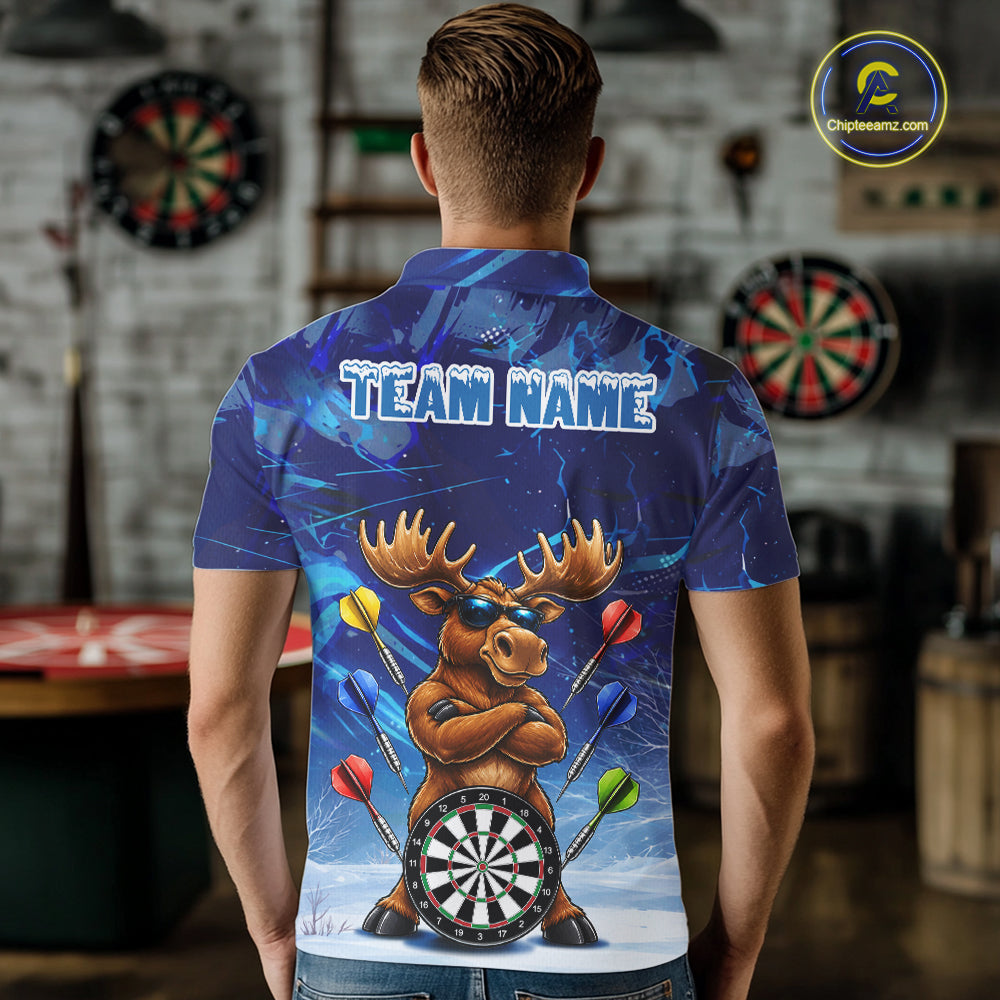 Personalized Blue Funny Moose Darts Shirt For Men Custom Darts Jersey Team Polo & Quarter Zip TDM7603