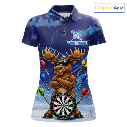 Personalized Blue Funny Moose Darts Shirt For Women Custom Darts Jersey Team Polo & Quarter Zip TDM7603