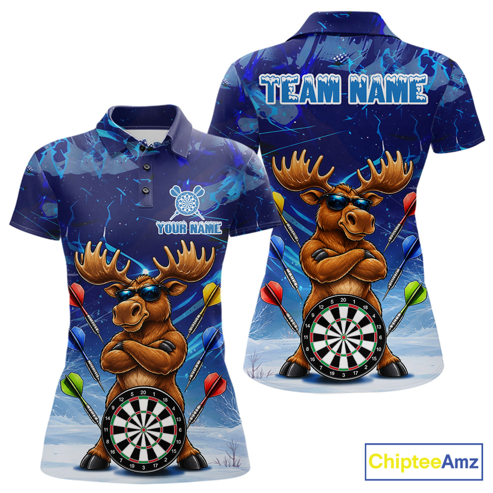 Personalized Blue Funny Moose Darts Shirt For Women Custom Darts Jersey Team Polo & Quarter Zip TDM7603