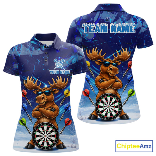 Personalized Blue Funny Moose Darts Shirt For Women Custom Darts Jersey Team Polo & Quarter Zip TDM7603