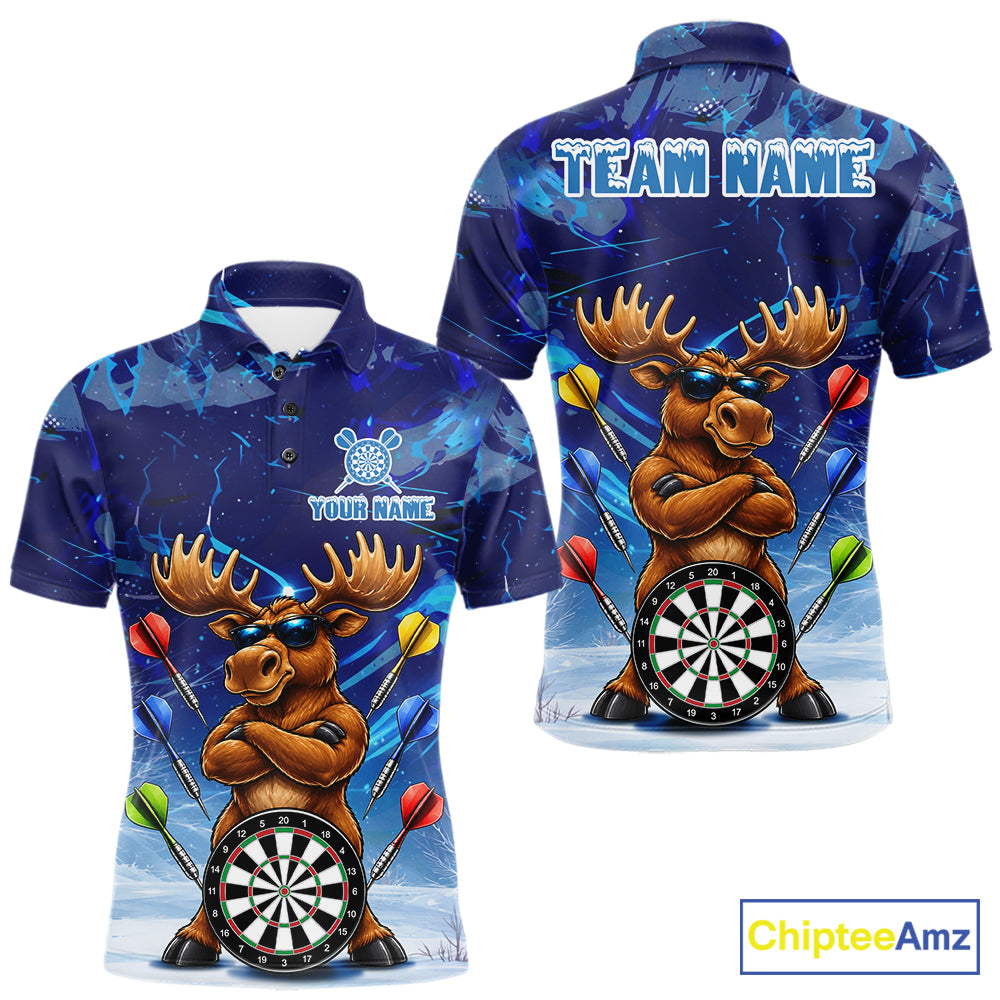 Personalized Blue Funny Moose Darts Shirt For Men Custom Darts Jersey Team Polo & Quarter Zip TDM7603