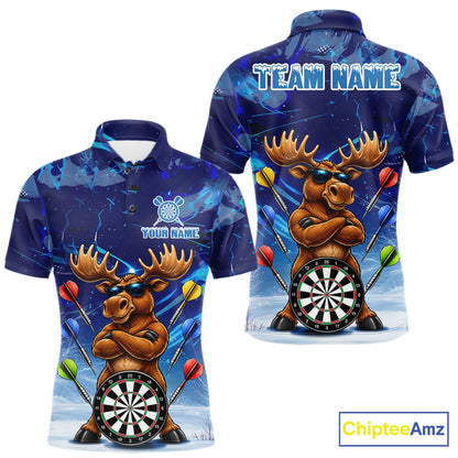 Personalized Blue Funny Moose Darts Shirt For Men Custom Darts Jersey Team Polo & Quarter Zip TDM7603