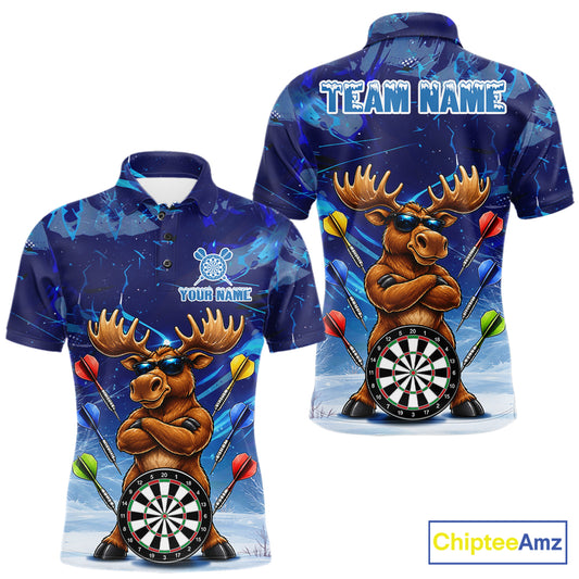 Personalized Blue Funny Moose Darts Shirt For Men Custom Darts Jersey Team Polo & Quarter Zip TDM7603