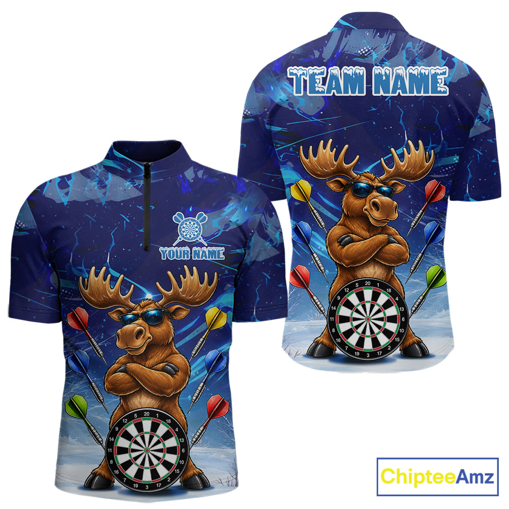Personalized Blue Funny Moose Darts Shirt For Men Custom Darts Jersey Team Polo & Quarter Zip TDM7603