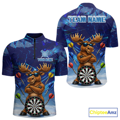 Personalized Blue Funny Moose Darts Shirt For Men Custom Darts Jersey Team Polo & Quarter Zip TDM7603