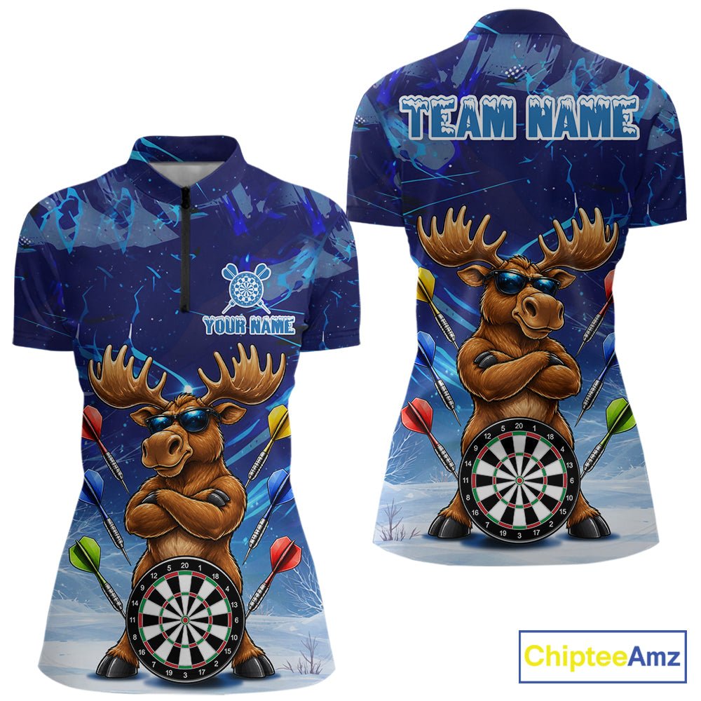 Personalized Blue Funny Moose Darts Shirt For Women Custom Darts Jersey Team Polo & Quarter Zip TDM7603