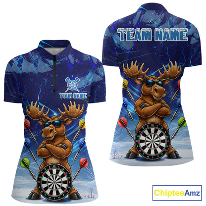 Personalized Blue Funny Moose Darts Shirt For Women Custom Darts Jersey Team Polo & Quarter Zip TDM7603