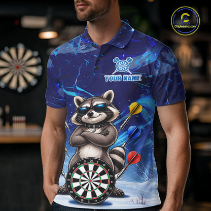Personalized Blue Funny Raccoon Darts Shirt For Men Custom Darts Jersey Team Polo & 1/4 Zip TDM7604