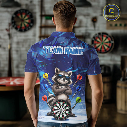 Personalized Blue Funny Raccoon Darts Shirt For Men Custom Darts Jersey Team Polo & 1/4 Zip TDM7604