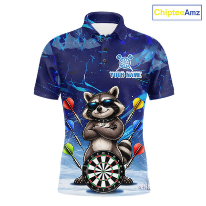 Personalized Blue Funny Raccoon Darts Shirt For Men Custom Darts Jersey Team Polo & 1/4 Zip TDM7604