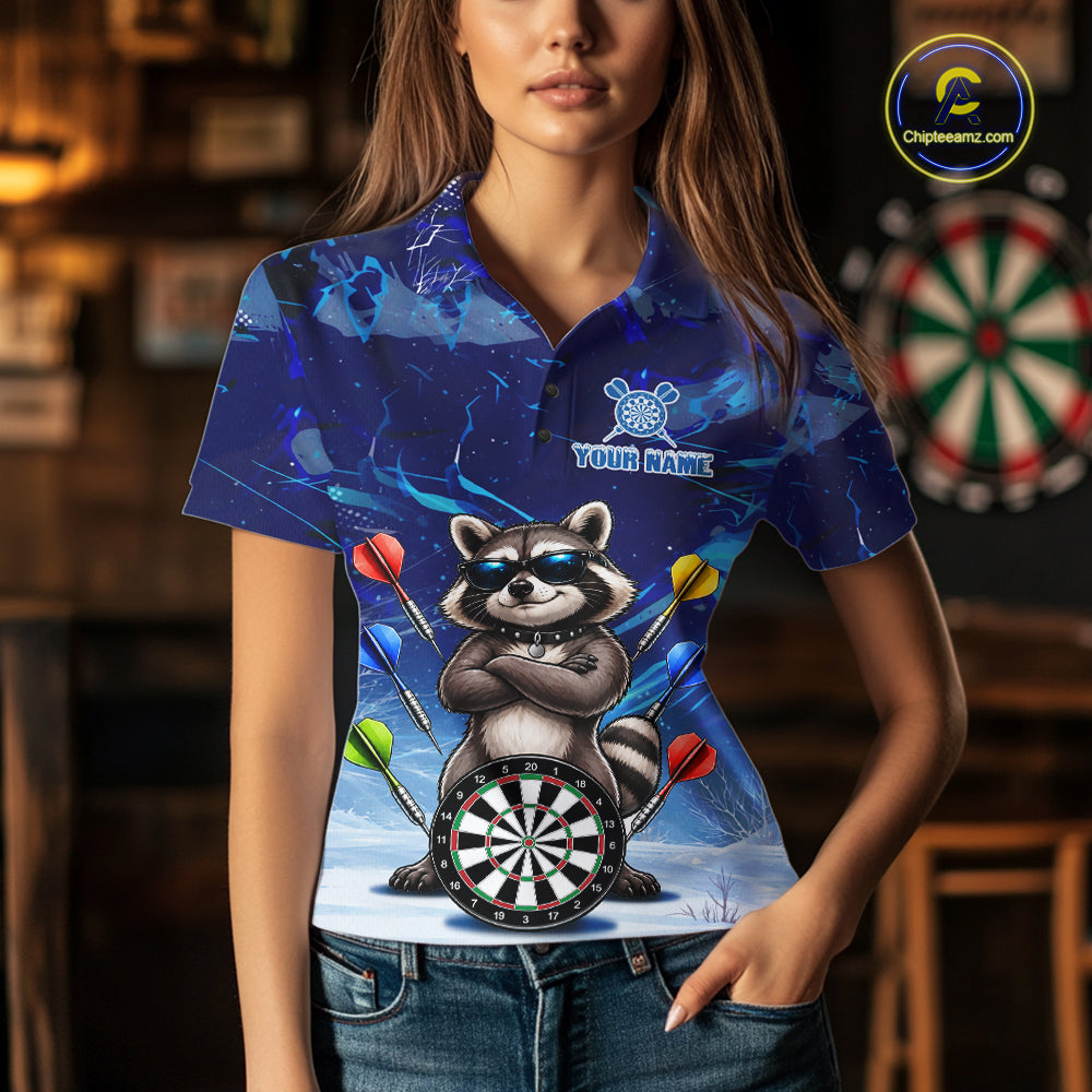 Personalized Blue Funny Raccoon Darts Shirt For Women Custom Darts Jersey Team Polo & 1/4 Zip TDM7604