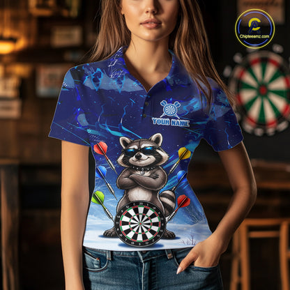 Personalized Blue Funny Raccoon Darts Shirt For Women Custom Darts Jersey Team Polo & 1/4 Zip TDM7604