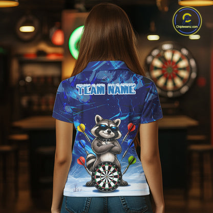 Personalized Blue Funny Raccoon Darts Shirt For Women Custom Darts Jersey Team Polo & 1/4 Zip TDM7604