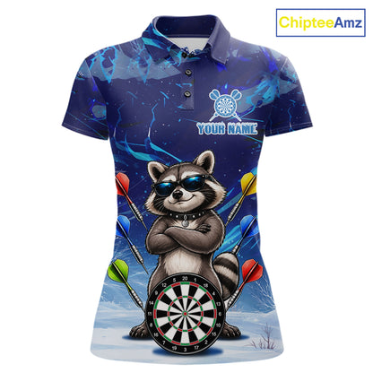 Personalized Blue Funny Raccoon Darts Shirt For Women Custom Darts Jersey Team Polo & 1/4 Zip TDM7604