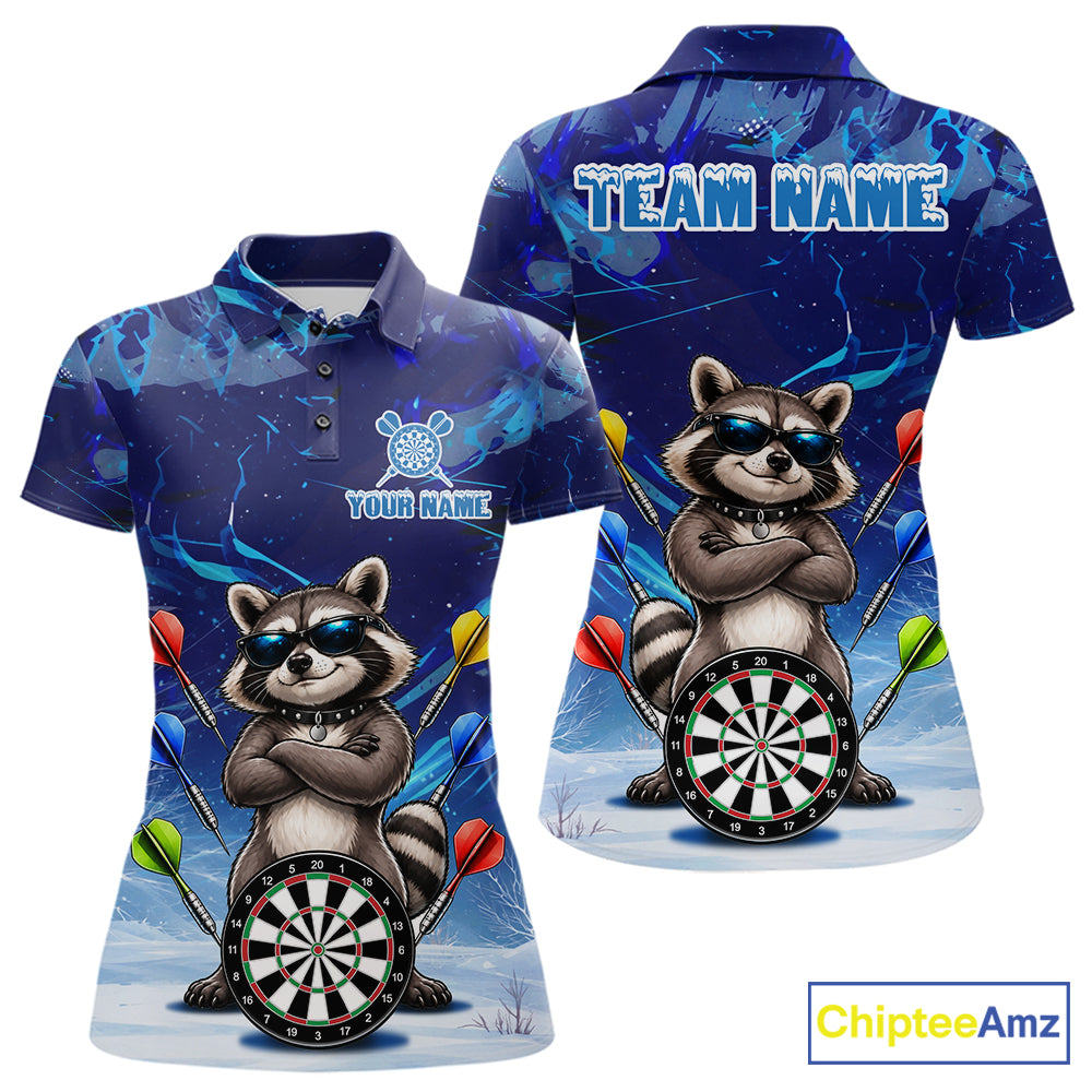 Personalized Blue Funny Raccoon Darts Shirt For Women Custom Darts Jersey Team Polo & 1/4 Zip TDM7604