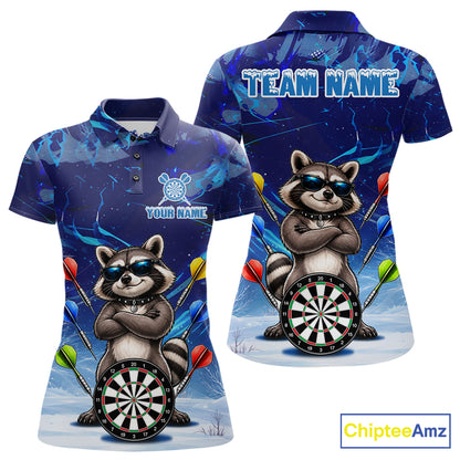 Personalized Blue Funny Raccoon Darts Shirt For Women Custom Darts Jersey Team Polo & 1/4 Zip TDM7604