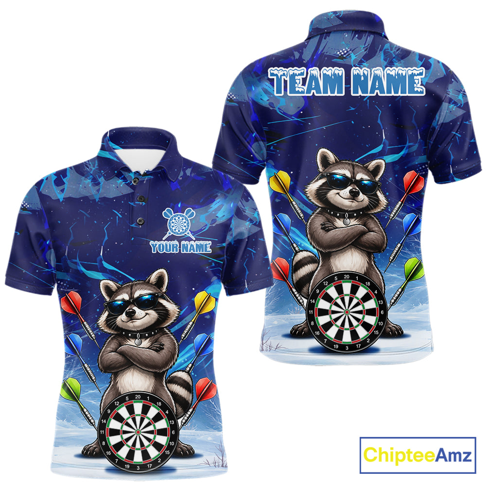 Personalized Blue Funny Raccoon Darts Shirt For Men Custom Darts Jersey Team Polo & 1/4 Zip TDM7604