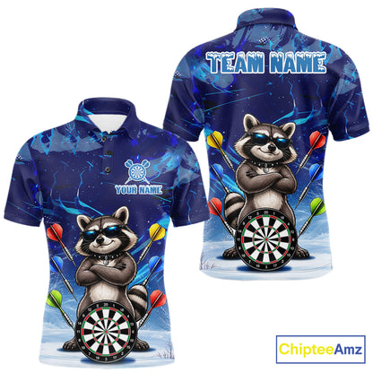 Personalized Blue Funny Raccoon Darts Shirt For Men Custom Darts Jersey Team Polo & 1/4 Zip TDM7604