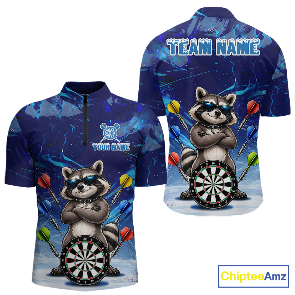 Personalized Blue Funny Raccoon Darts Shirt For Men Custom Darts Jersey Team Polo & 1/4 Zip TDM7604