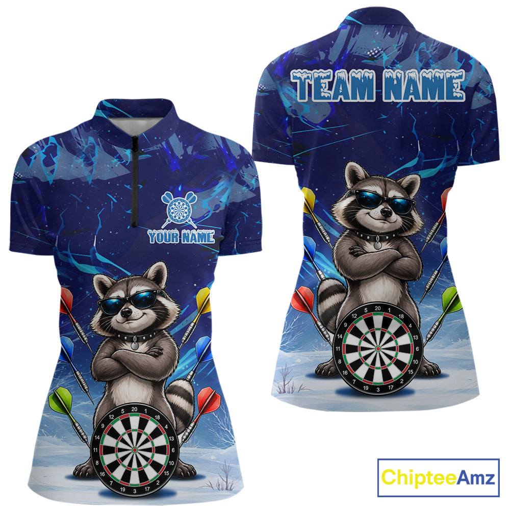 Personalized Blue Funny Raccoon Darts Shirt For Women Custom Darts Jersey Team Polo & 1/4 Zip TDM7604