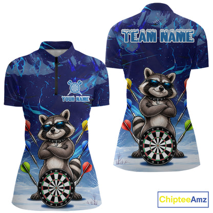 Personalized Blue Funny Raccoon Darts Shirt For Women Custom Darts Jersey Team Polo & 1/4 Zip TDM7604