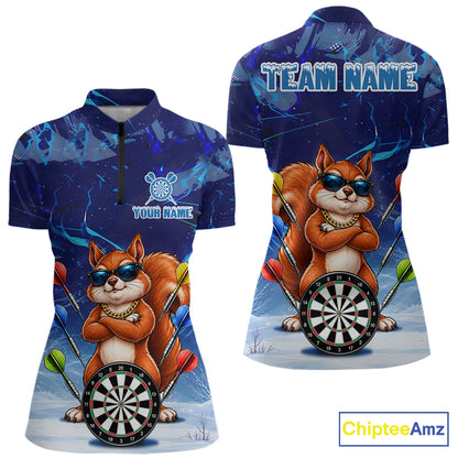 Personalized Blue Funny Squirrel Darts Shirt For Women Custom Darts Jersey Team Polo & 1/4 Zip TDM7605