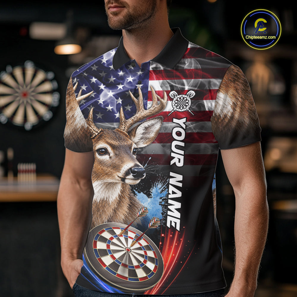 Smoke American Flag Deer Darts Polo, 1/4 Zip Shirts For Men Custom Patriotic Darts Team Jersey TDM7606