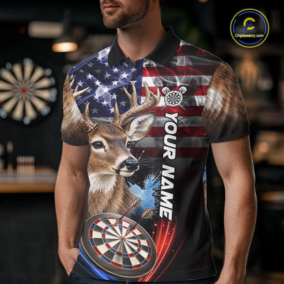 Smoke American Flag Deer Darts Polo, 1/4 Zip Shirts For Men Custom Patriotic Darts Team Jersey TDM7606