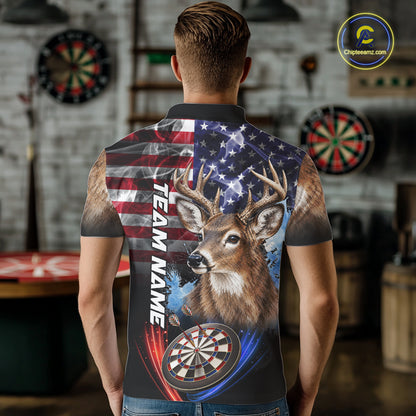Smoke American Flag Deer Darts Polo, 1/4 Zip Shirts For Men Custom Patriotic Darts Team Jersey TDM7606
