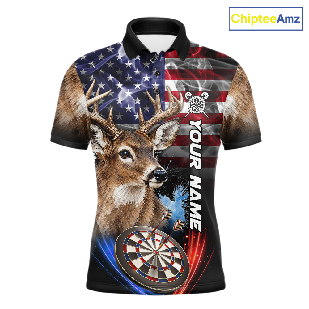 Smoke American Flag Deer Darts Polo, 1/4 Zip Shirts For Men Custom Patriotic Darts Team Jersey TDM7606