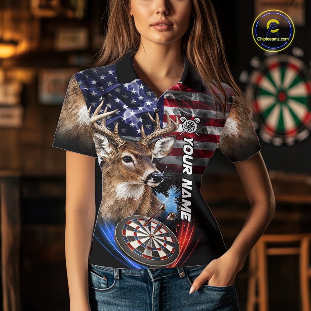 Smoke American Flag Deer Darts Polo, 1/4 Zip Shirts For Women Custom Patriotic Darts Team Jersey TDM7606